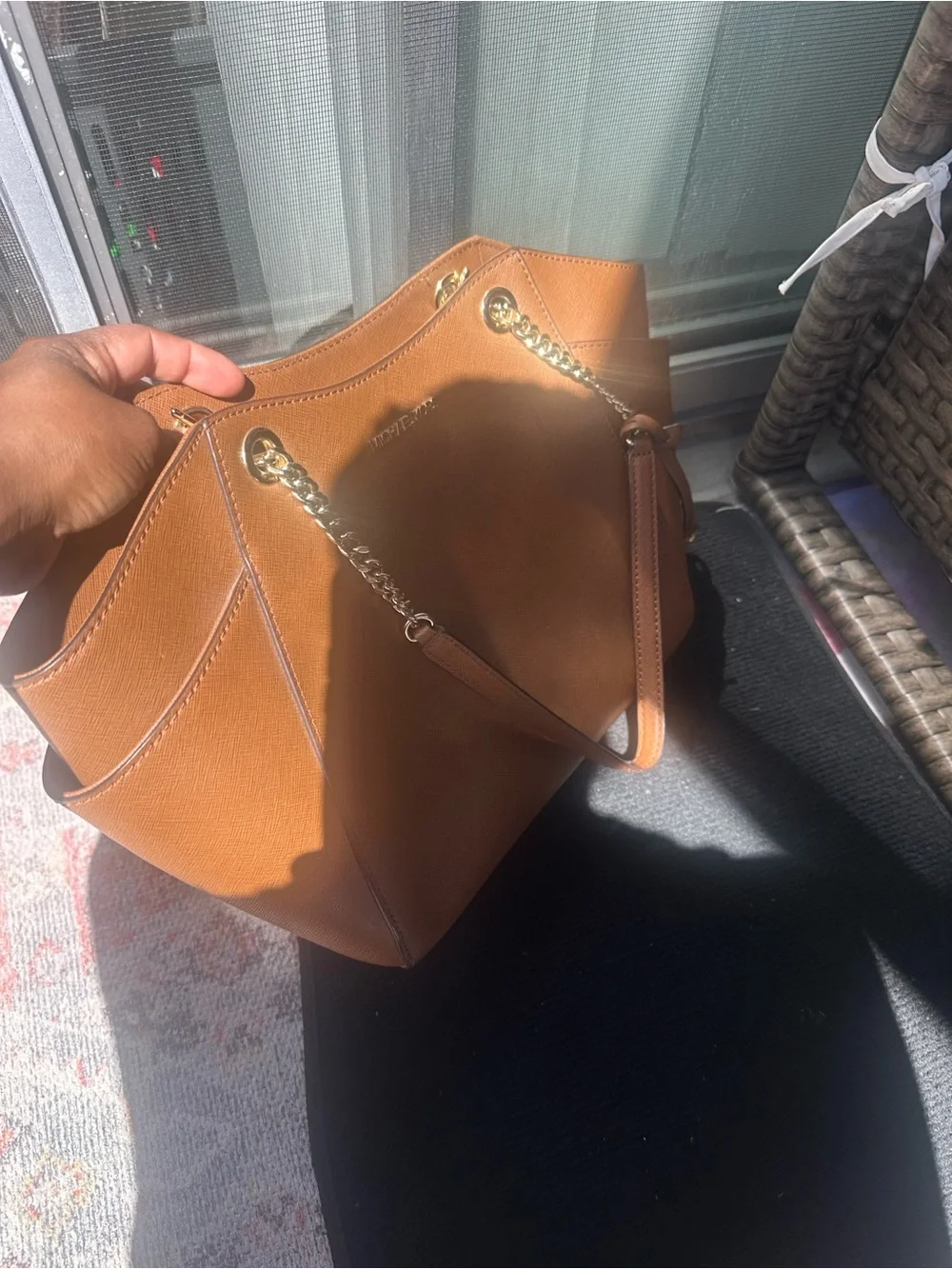 Michael Kors Tan Saffiano Leather Tote with Gold Chain Trim